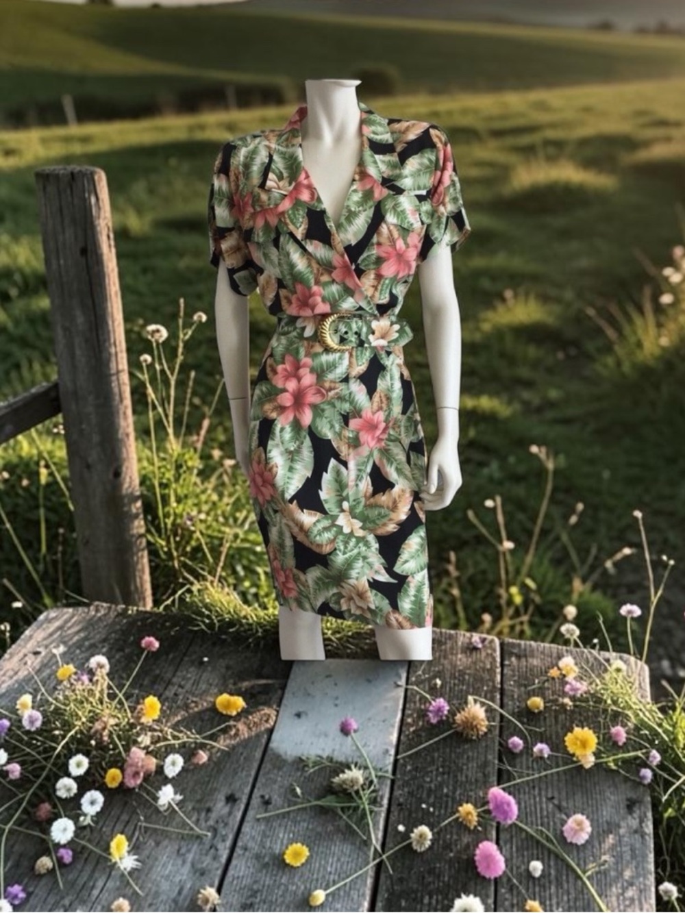 Betsy´s Things,Woman, floral, knee-length shirt dress with belt,Cotto, Size 1X.!